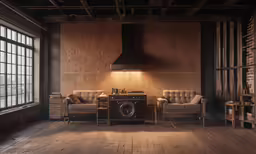a wood paneled room with two chairs, a stove, and a window