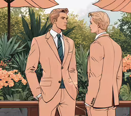 two men in suits standing under an umbrella,two men in suits are talking under an umbrella