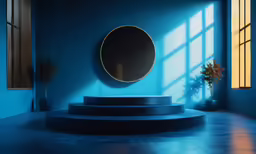 a circular mirror sitting on the side of a room