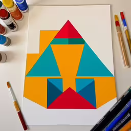 a painting that has a large abstract geometric design on it,there is a painting on the table with pens,the color scheme is of several shapes on the paper,a piece of art with crayons of paint and a photo of shapes,a painting of a building with some markers and pens