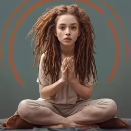 a girl sitting in a lotus pose with dreadlocks on