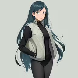 an animated character with long, wavy blue hair in black clothes