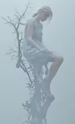 a woman with her legs on a branch in the water