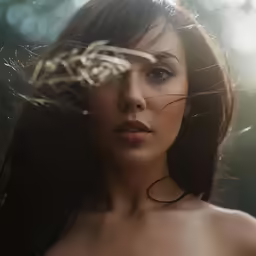 woman with grass on her head looking into the distance