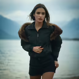 a girl in black shorts and a coat is walking on the beach