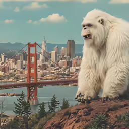 an art deco mural shows a polar bear standing at the top of a hill, as city and bridge in background