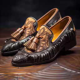 the loafers are decorated with feathers and tassels,a pair of brown leather shoes with a tassel on each shoe