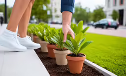 a person in white tennis shoes standing near plants