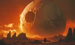 an artistic view of a giant planet with two people standing around