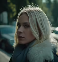 a blonde haired woman with long hair and a fur collar