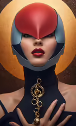 a woman with red, black and gold hair and big eyes with gold jewelry in her hands