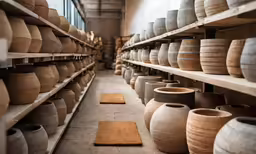 there are many vases that are on the shelves