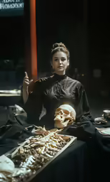 a woman sits in front of a table with food and bones