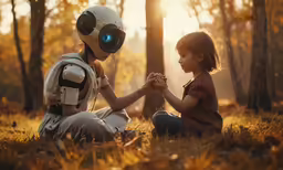 the child is sitting on the ground next to the robot