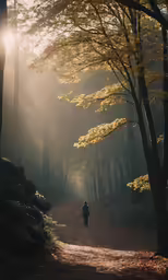 person walking down a trail in the woods at sunrise