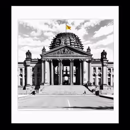 black and white photo with yellow flag sitting on steps