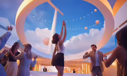 a group of people in a room with a circle shaped ceiling