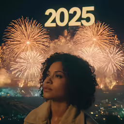 woman looking upward at fireworks and 2012 sign in background
