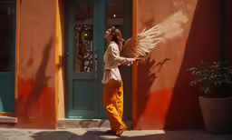 a woman in yellow pants with large wings