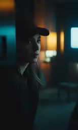 a girl wearing a hat in a dimly lit room