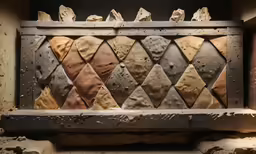 an old window has a bunch of small pieces of wood and fabric on it