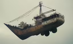 a very big rusty boat flying high up