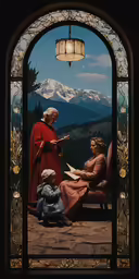 a painting of people reading a book on a porch