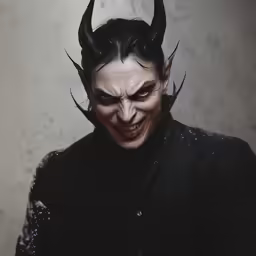 a man with dark hair wearing a devil mask