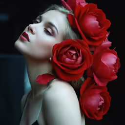 a woman with three large red roses around her neck