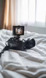 a video camera on top of a bed with pillows