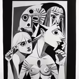 a black and white drawing with faces in it