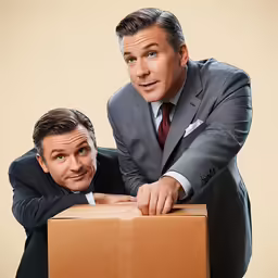 two men in suits one with a box