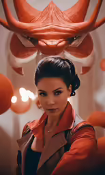 a woman in an orange coat stands under a decorative decoration