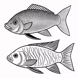 two fish on white paper and one with black lines