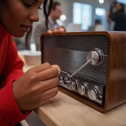 the lady is operating her vintage radio by herself