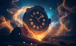there is a clock on fire in the middle of a dark room