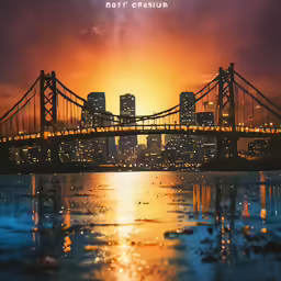 the sun sets behind a large bridge over a city