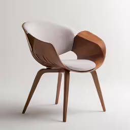 a wooden chair with white fabric and wood accents
