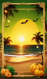 a painting shows pumpkins and a palm tree at the beach,a painting of a sunset on the beach