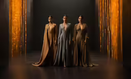 three models are posing in an open - air space in evening gowns
