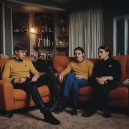 two men and a women are sitting on orange couches