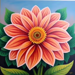 an abstract painting with pink and green flowers,a painting of a flower is on display,painting of a flower on canvas next to a wall,the painting on the wall shows a large flower,a painting with flowers and leaves in the background