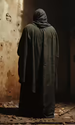 a person in an unstaffed, hooded cloak standing at the entrance to an unfinished building