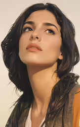 a beautiful woman in brown vest looking up with eyes closed