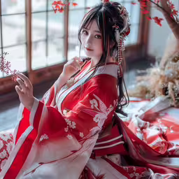a woman wearing a geisha kimono posing for a picture,a woman in a red and white oriental outfit sitting by a tree