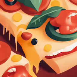 an abstract painting of many types of food