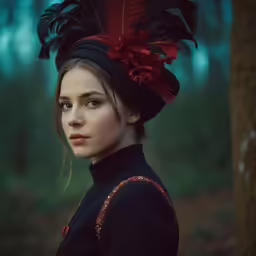 a woman with dark makeup and black clothing is posing