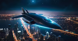 a sleek airplane flying over a city at night