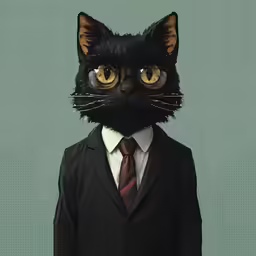 a black cat wearing a black suit and tie
