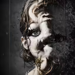 a woman is seen through the reflection of a glass